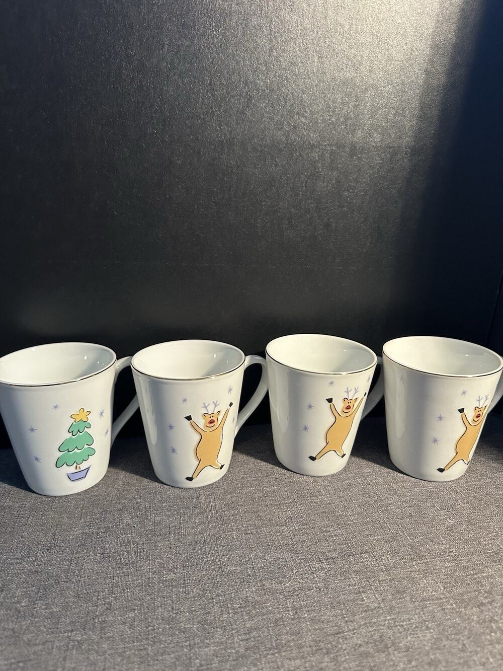 Merry Brite Christmas Coffee Mugs Set of 4 Reindeer Tree Gold Rim Holiday